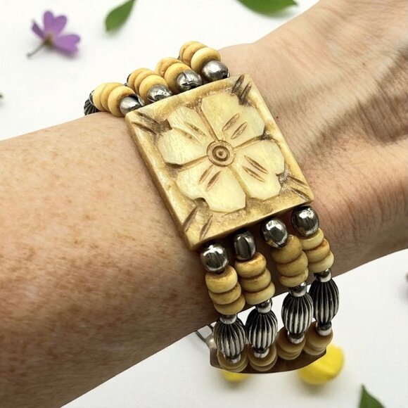 Vintage Carved Bracelet Flower Tile Beaded Handmade India Artisan Boho Hippie - Picture 1 of 11